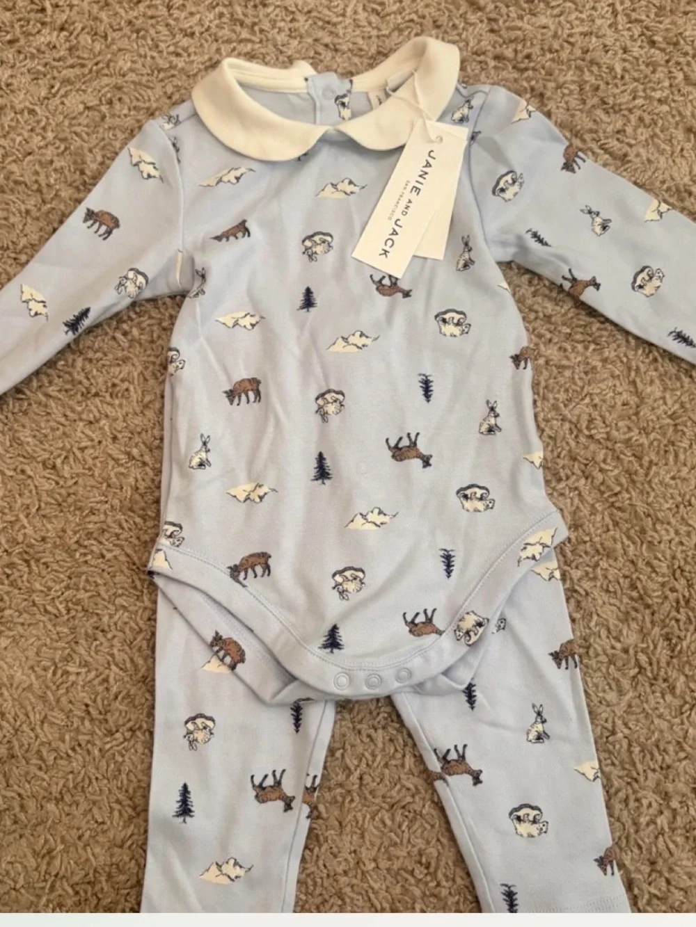 Janie and Jack Light Blue Animal Print One-Piece with Cream Peter Pan Collar